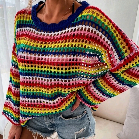 Open Knit Rainbow Stripe Sweater - Picture 6 of 8